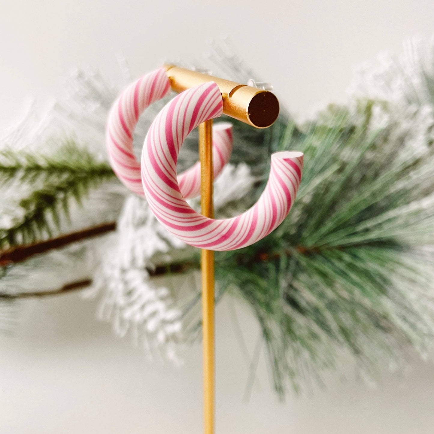 Candy Cane Hoops - Pink | Polymer Clay Christmas Earrings