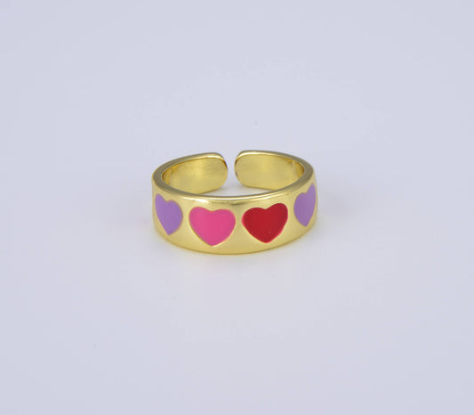 Gold Colorful Enamel Heart Open Adjustable Ring