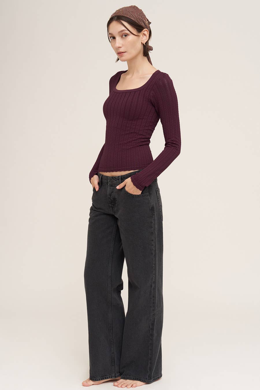 Pointelle Stripe Scoop Neck Long Sleeve in Rasin