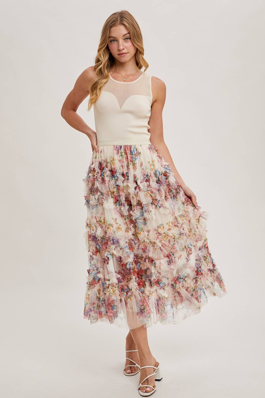 Joni Floral Ruffled Mesh Skirt in Ecru