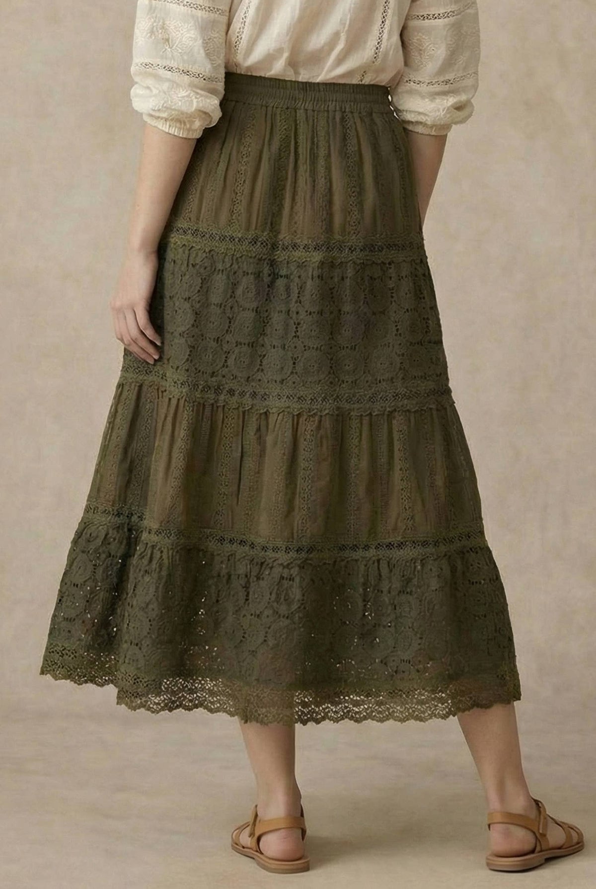 Afton Elastic Waist Maxi Skirt with Lace Trim in Olive