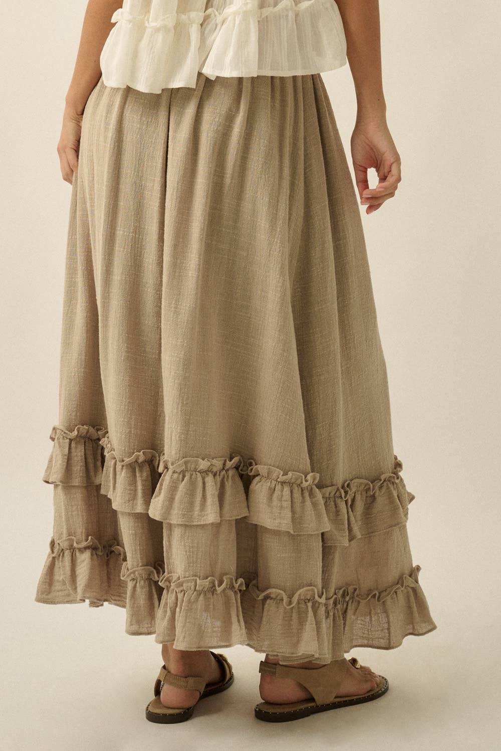 Tessa Solid Cotton Gauze Button-Front Ruffled Maxi Skirt in Stone
