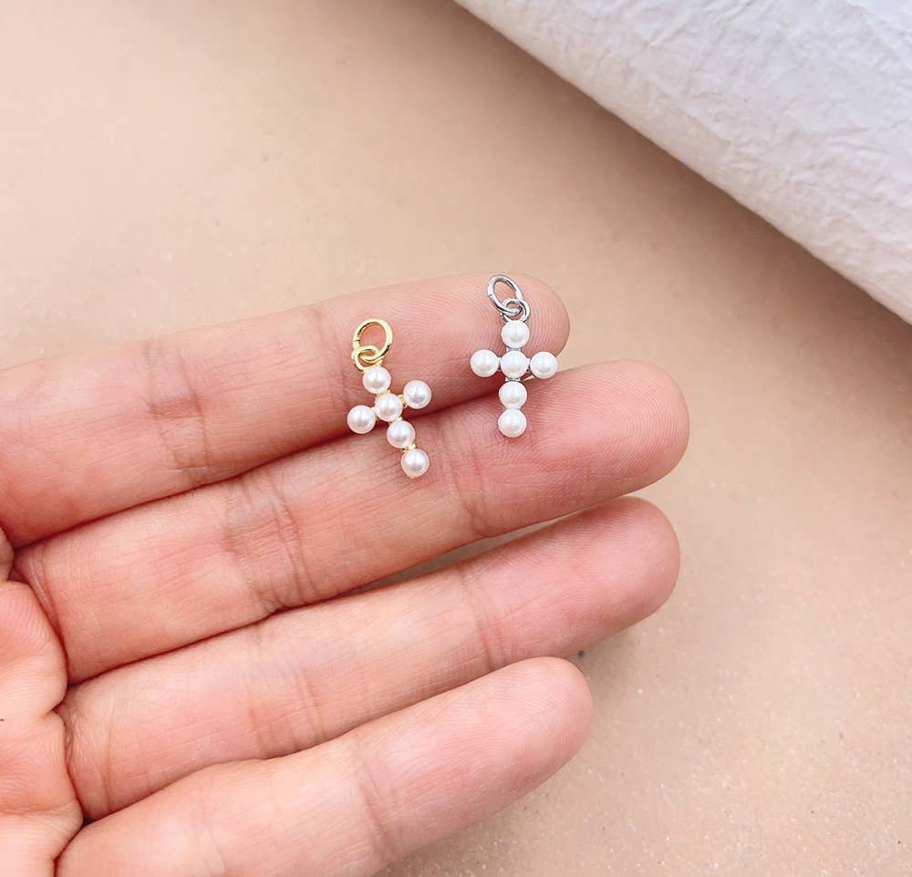 Silver Pearl Cross Charm