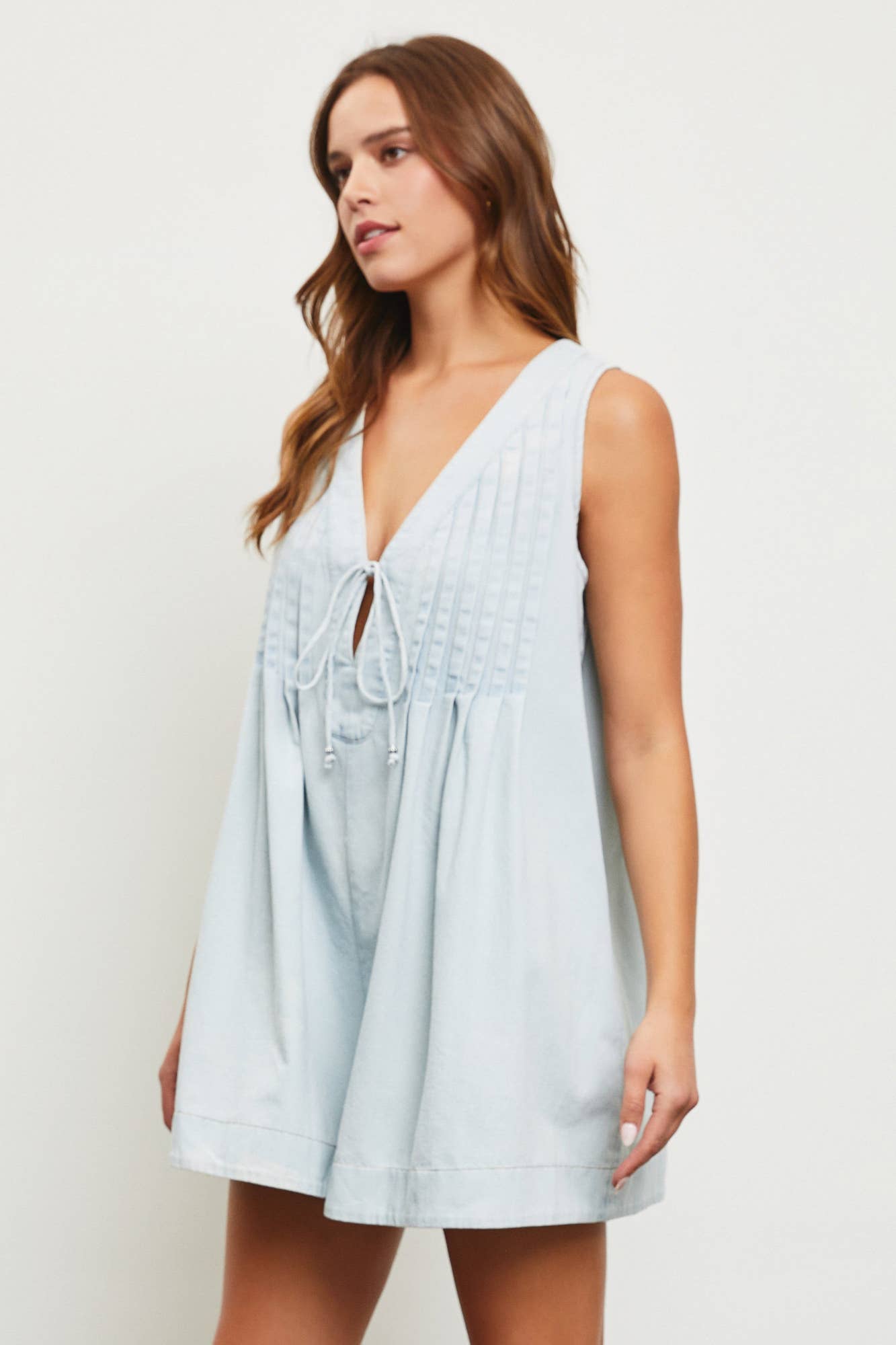Clara Washed Denim Tie with Pleated Denim Romper Icy Denim