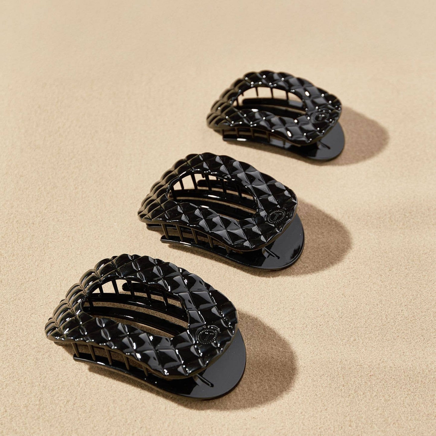 Large Jet Black Quilted Flat Round Hair Clip