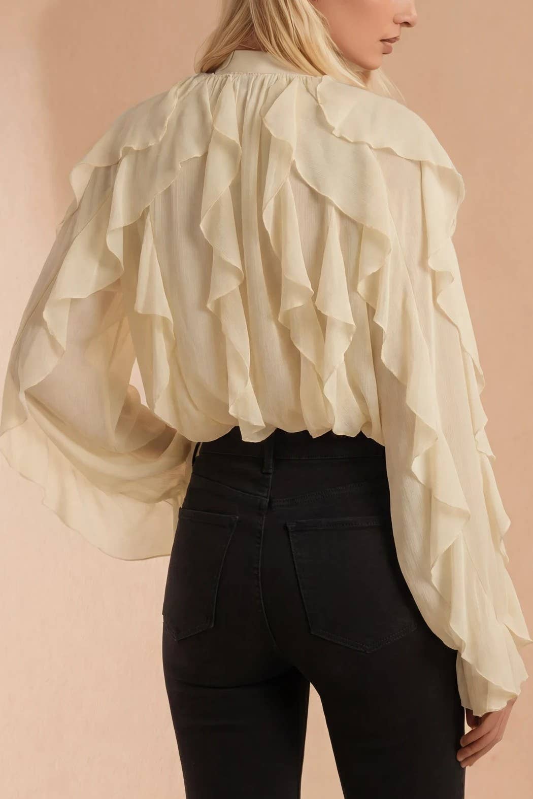 Vicky Sheer Ruffled Detail Button Down Blouse in Beige