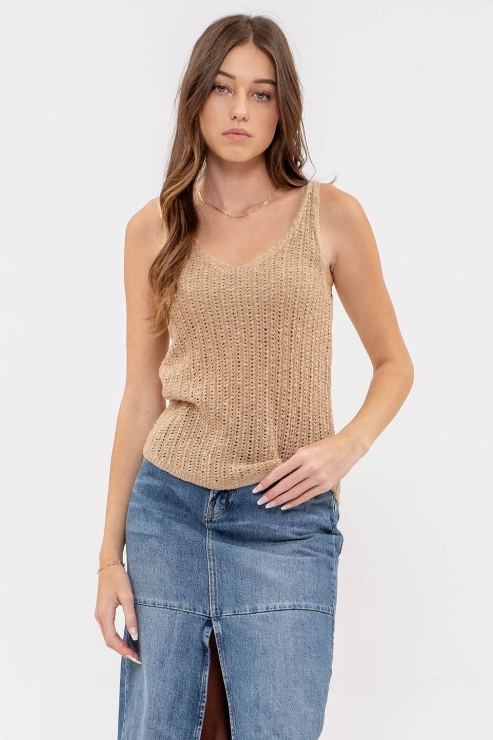 Katie V Neck Crochet Knit Tank Top in Tan