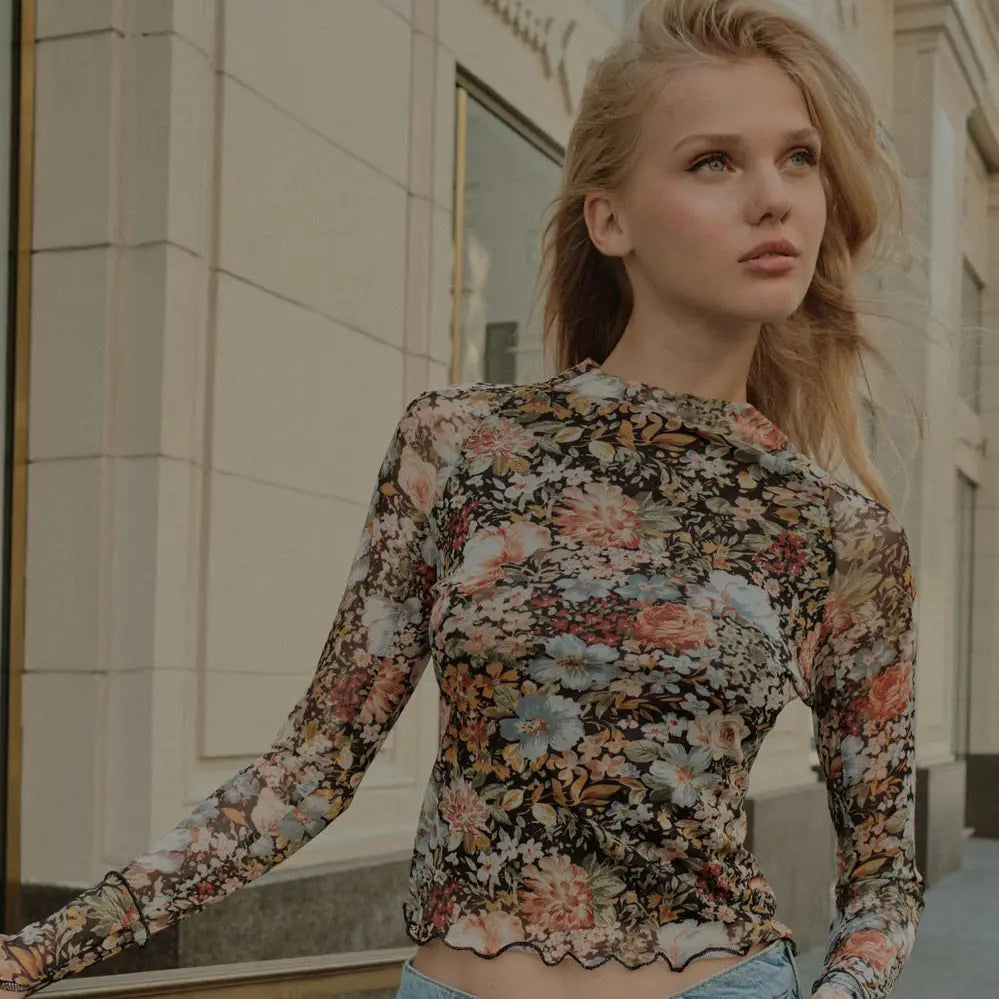 Rachel Floral Mesh Top in Black