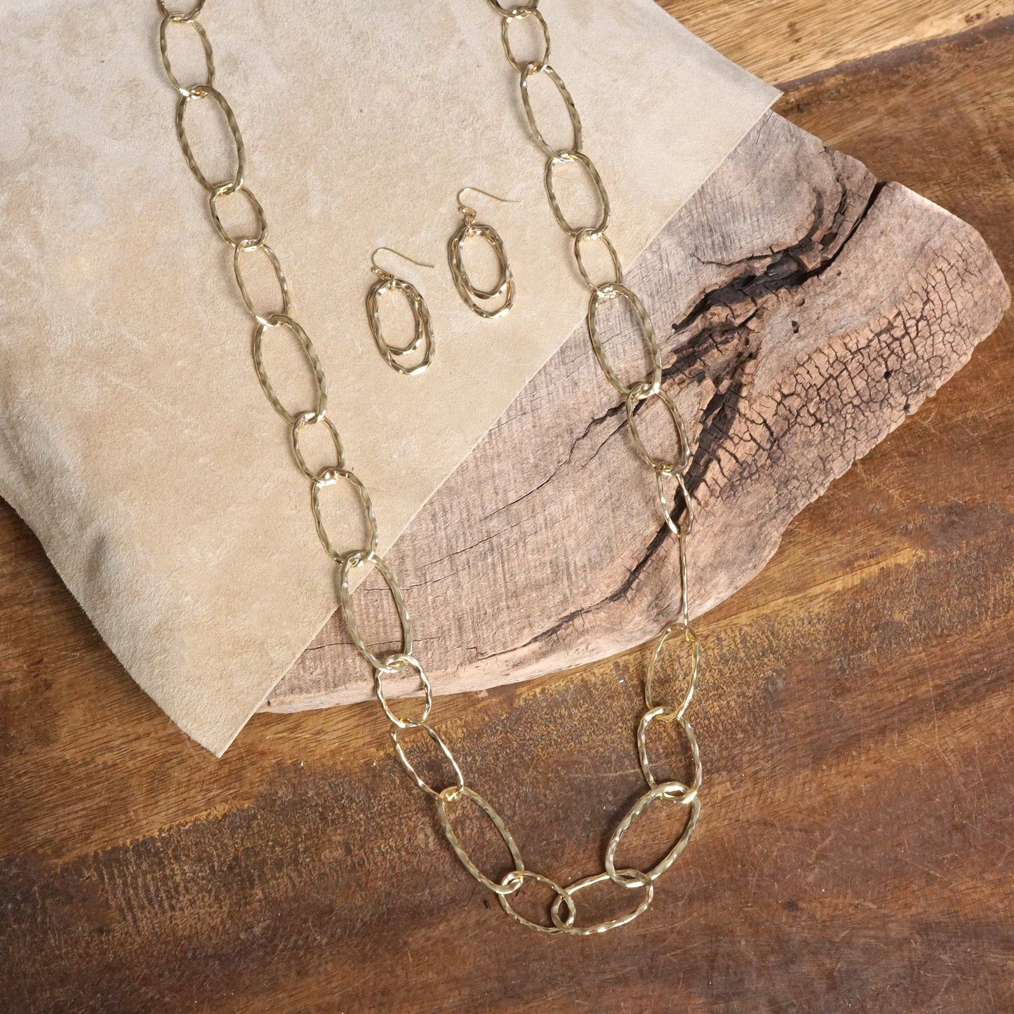 Versatile Hammered Gold Link Earrings and Necklace Set