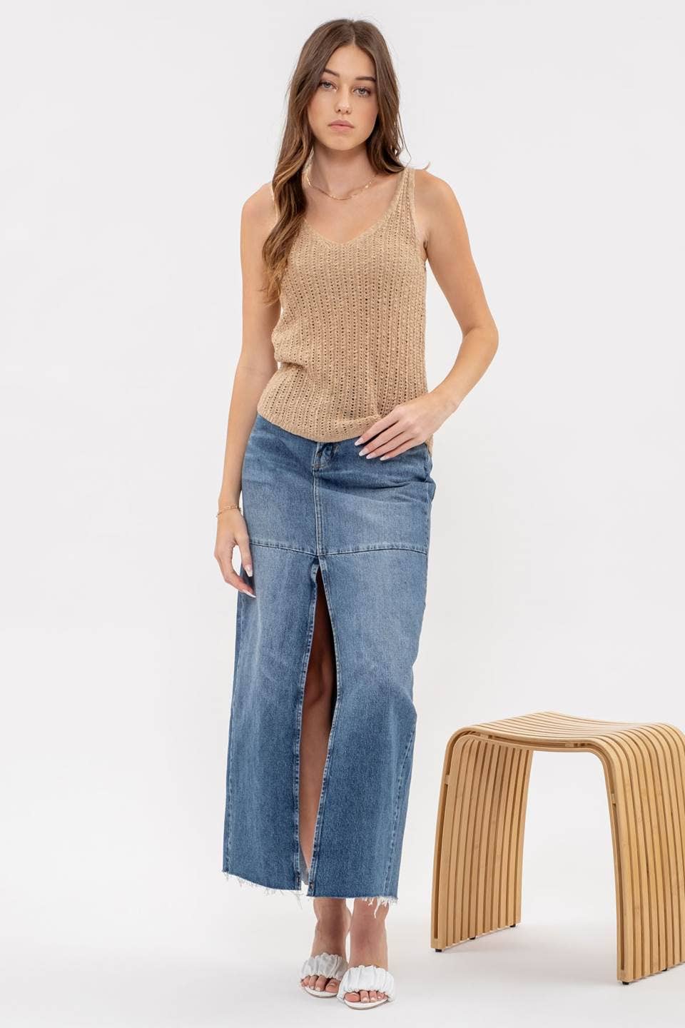 Katie V Neck Crochet Knit Tank Top in Tan