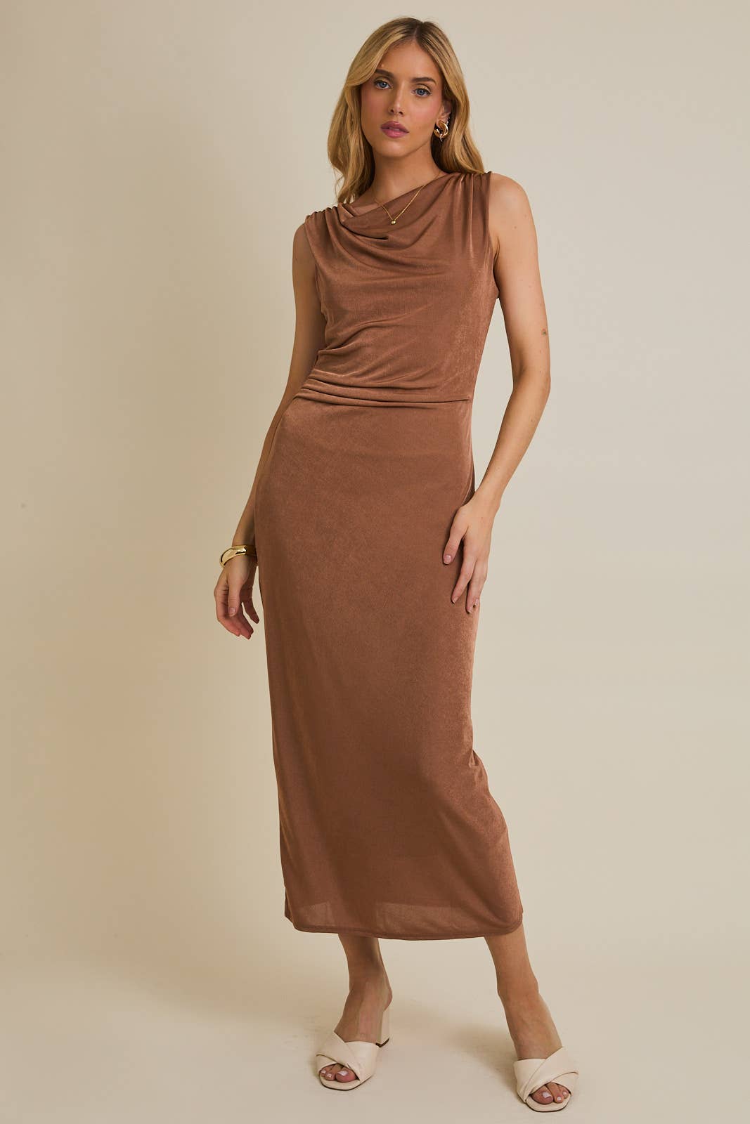 Kenna Cowl Neck Sleeveless Maxi Dress in Latte