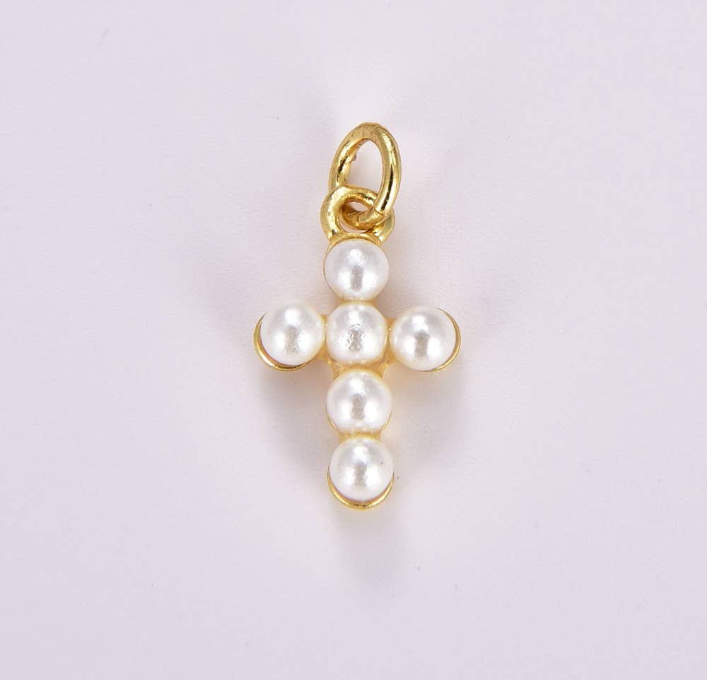 Silver Pearl Cross Charm