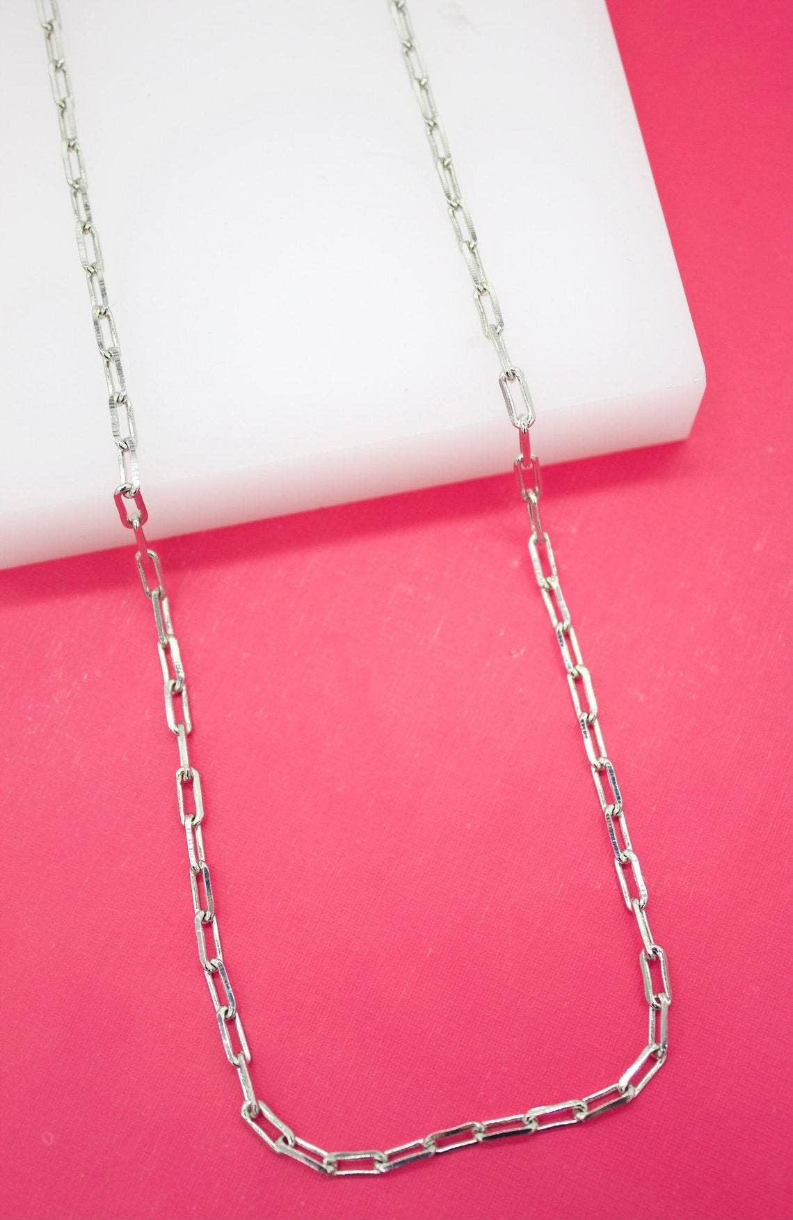 18K Rhodium Filled 3mm Paperclip Dainty Chain 16 Inches