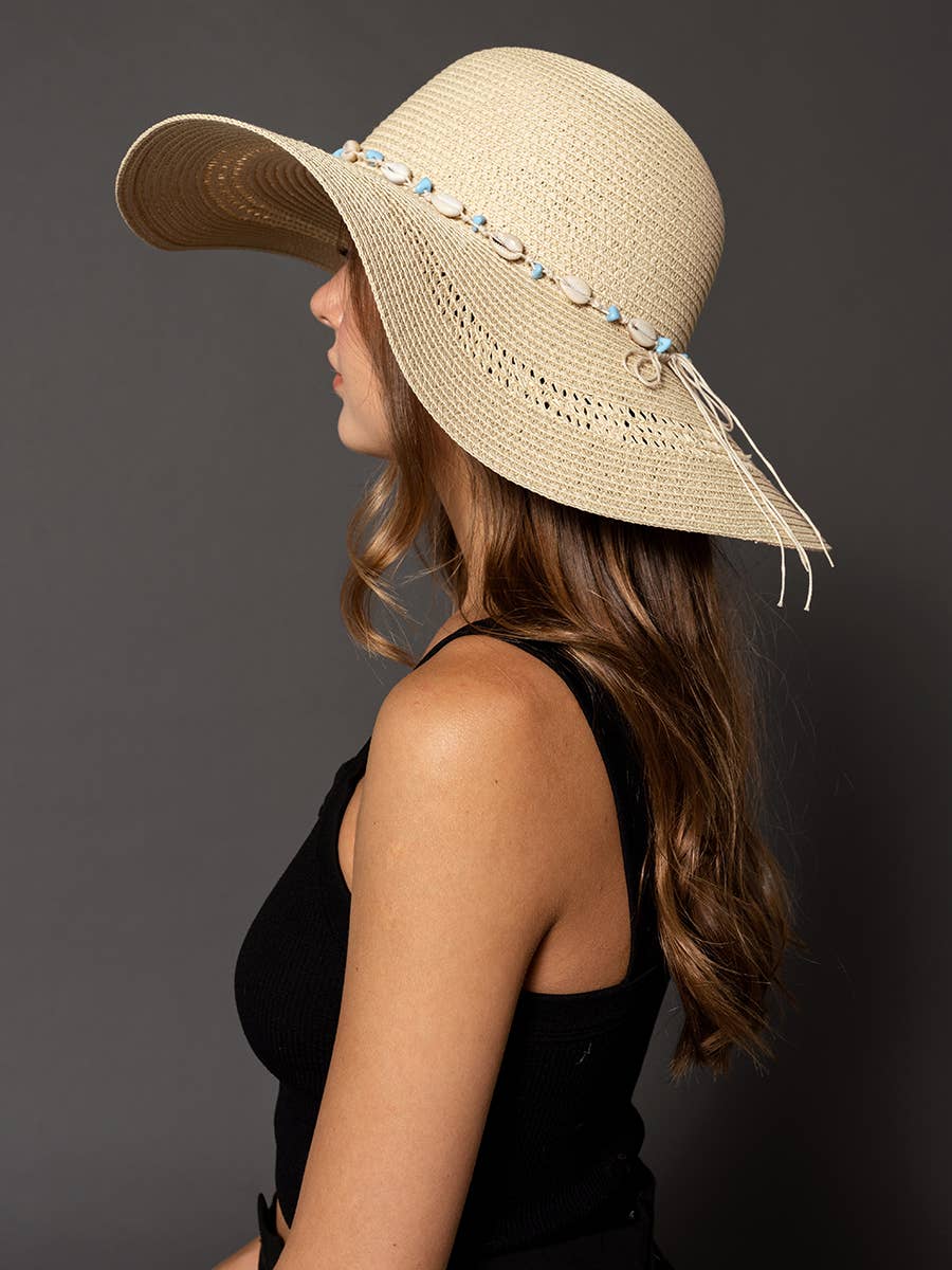 Agatha Straw Hat w/ Seashell & Bead Band in Beige