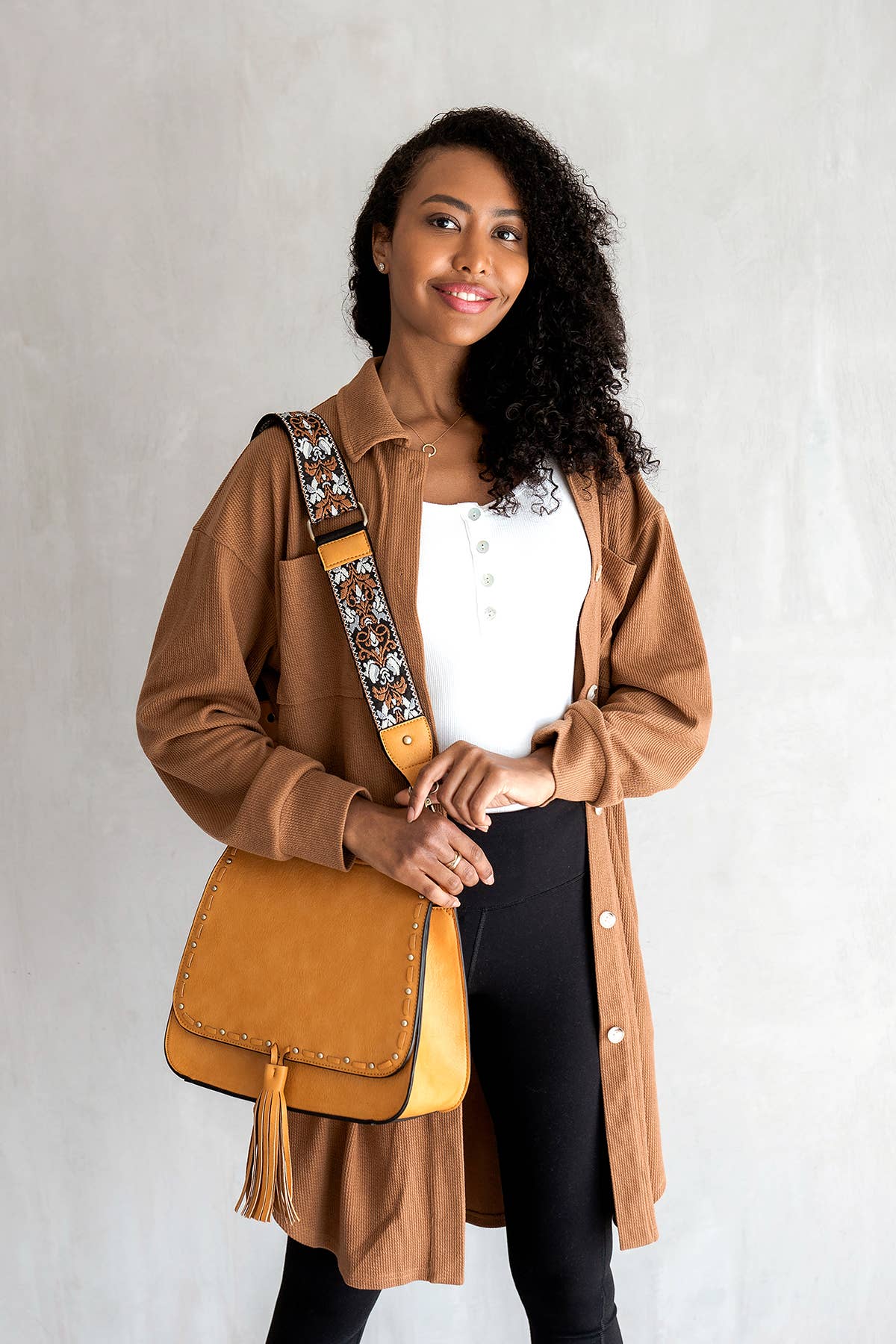Bailey Crossbody with Print Contrast Strap in Mustard