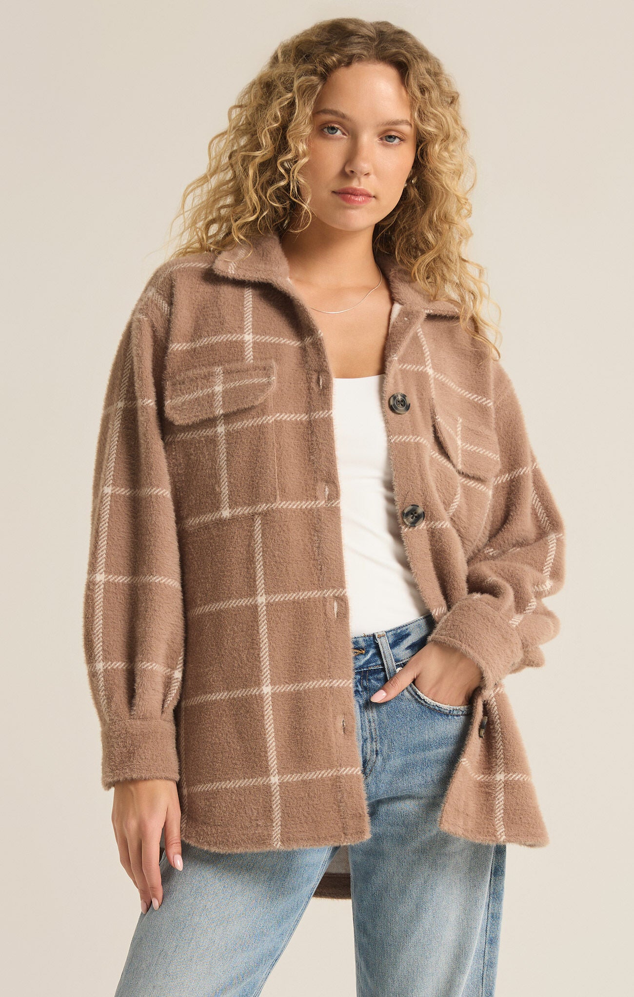 Toni Plaid Tucker Jacket in Heather Taupe