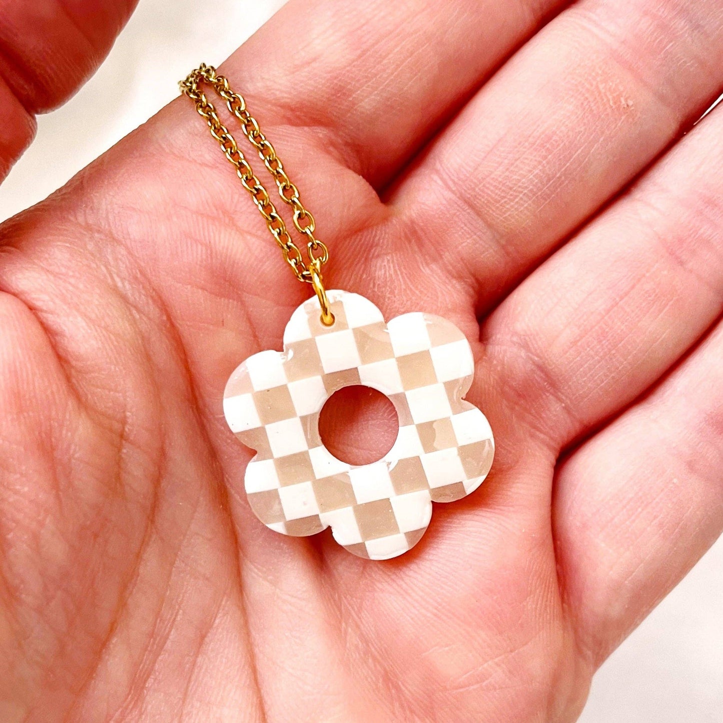 Checkerboard Daisy Pendant Necklace