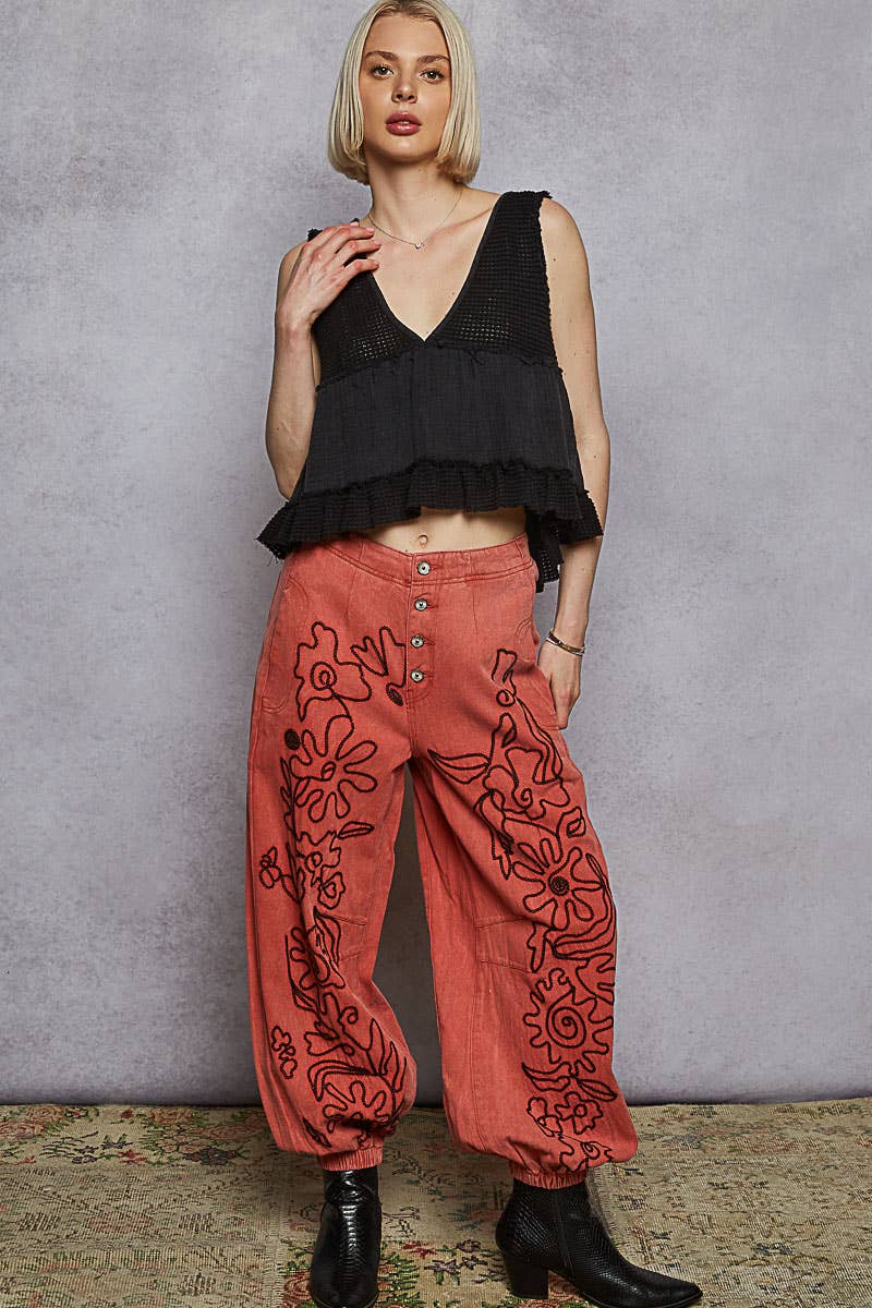 Kristina Floral Embroidered Joggers in Dried Apple