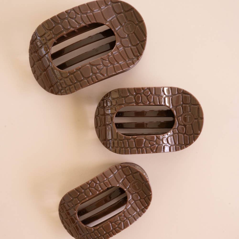 Large Brown Crocodile Flat Round Hair Clip