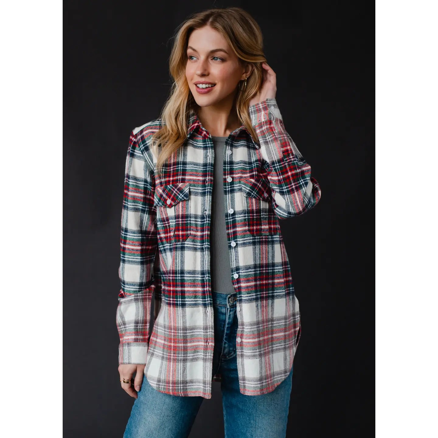 Selena Cream, Navy, Red & Green Plaid Flannel