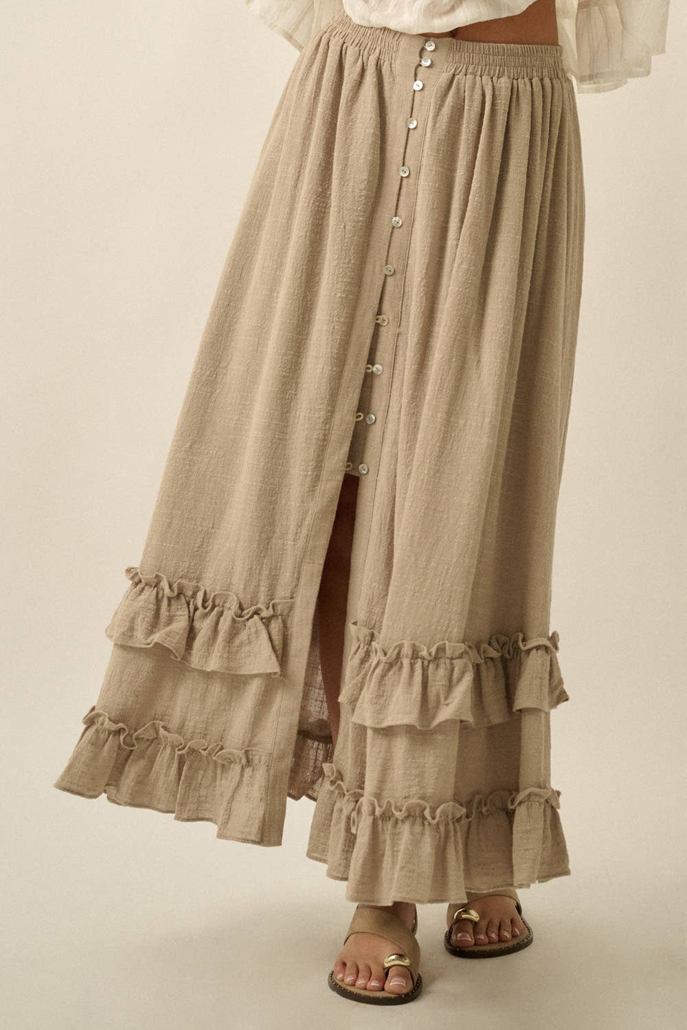 Tessa Solid Cotton Gauze Button-Front Ruffled Maxi Skirt in Stone