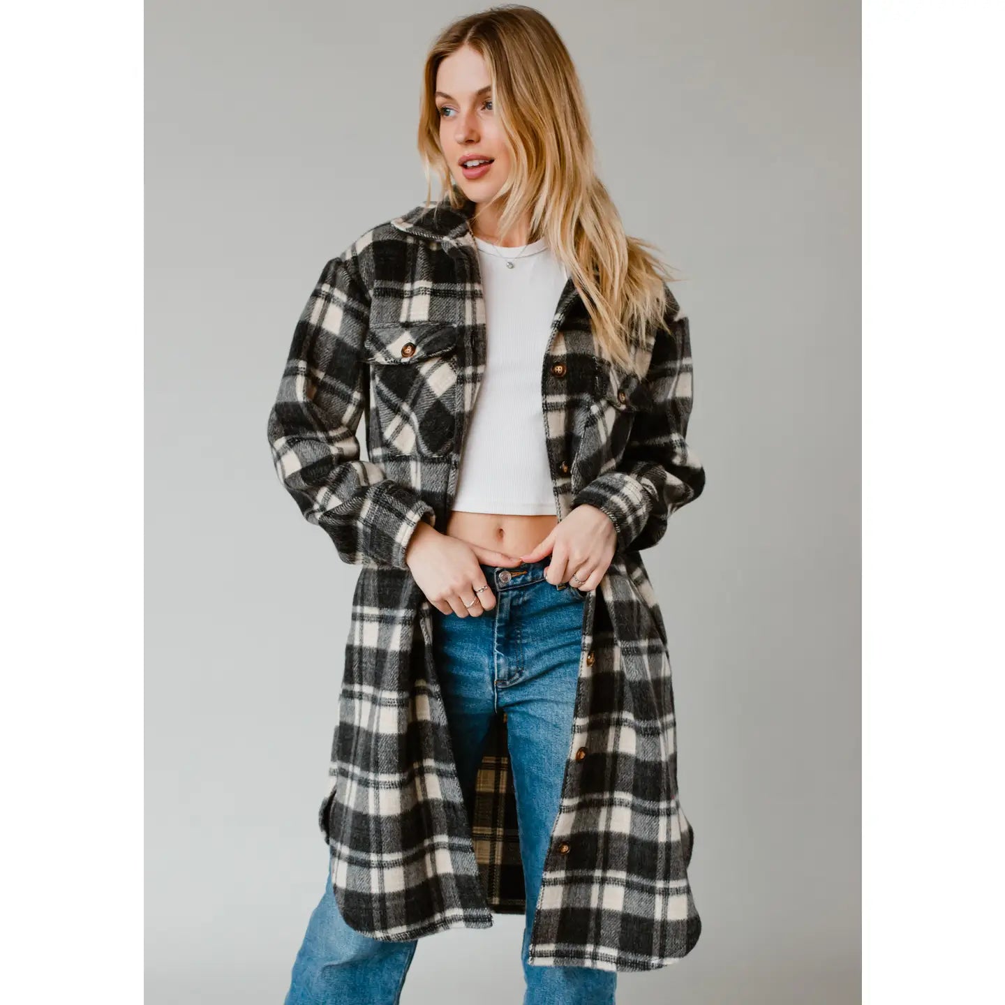 Rhiannon Black & Cream Plaid Long Flannel