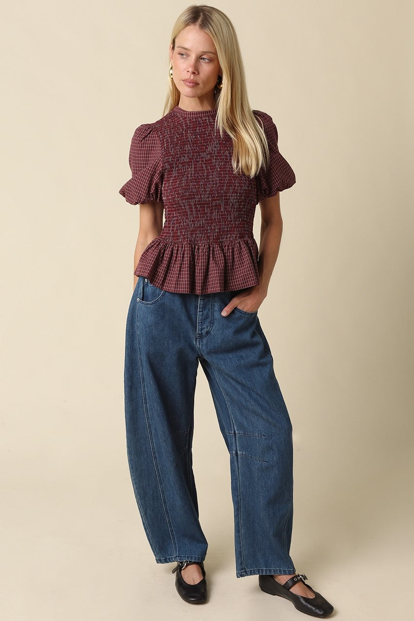Maggie Plaid Peplum Top in Maroon