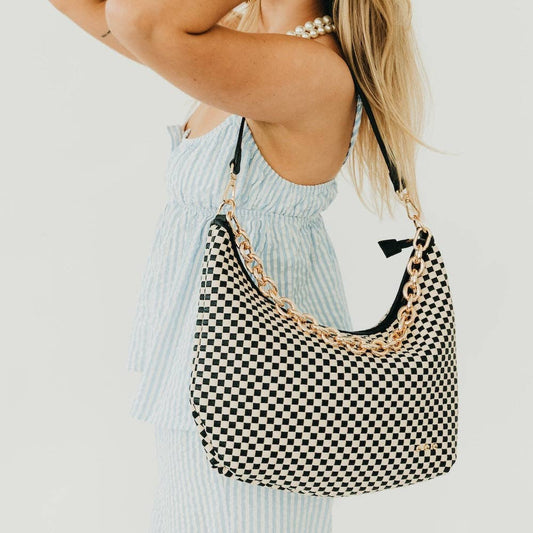 Sienna Slouchy Woven Shoulder Bag in Checkered Black