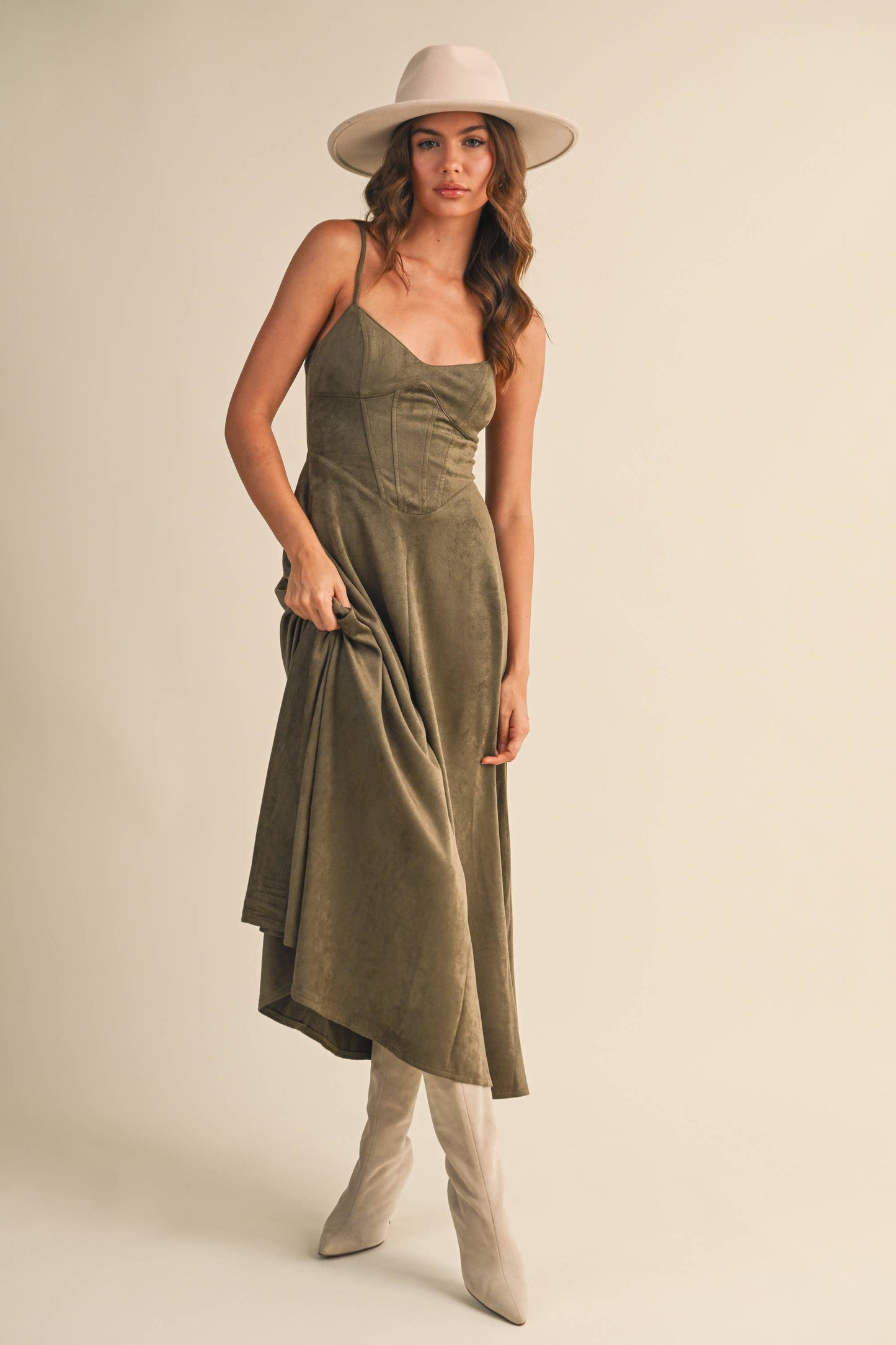 Emma Suede Corset Midi Dress in Camel