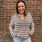 Tera Stripe Raw Edge Split Neck Sheer Knit Sweater