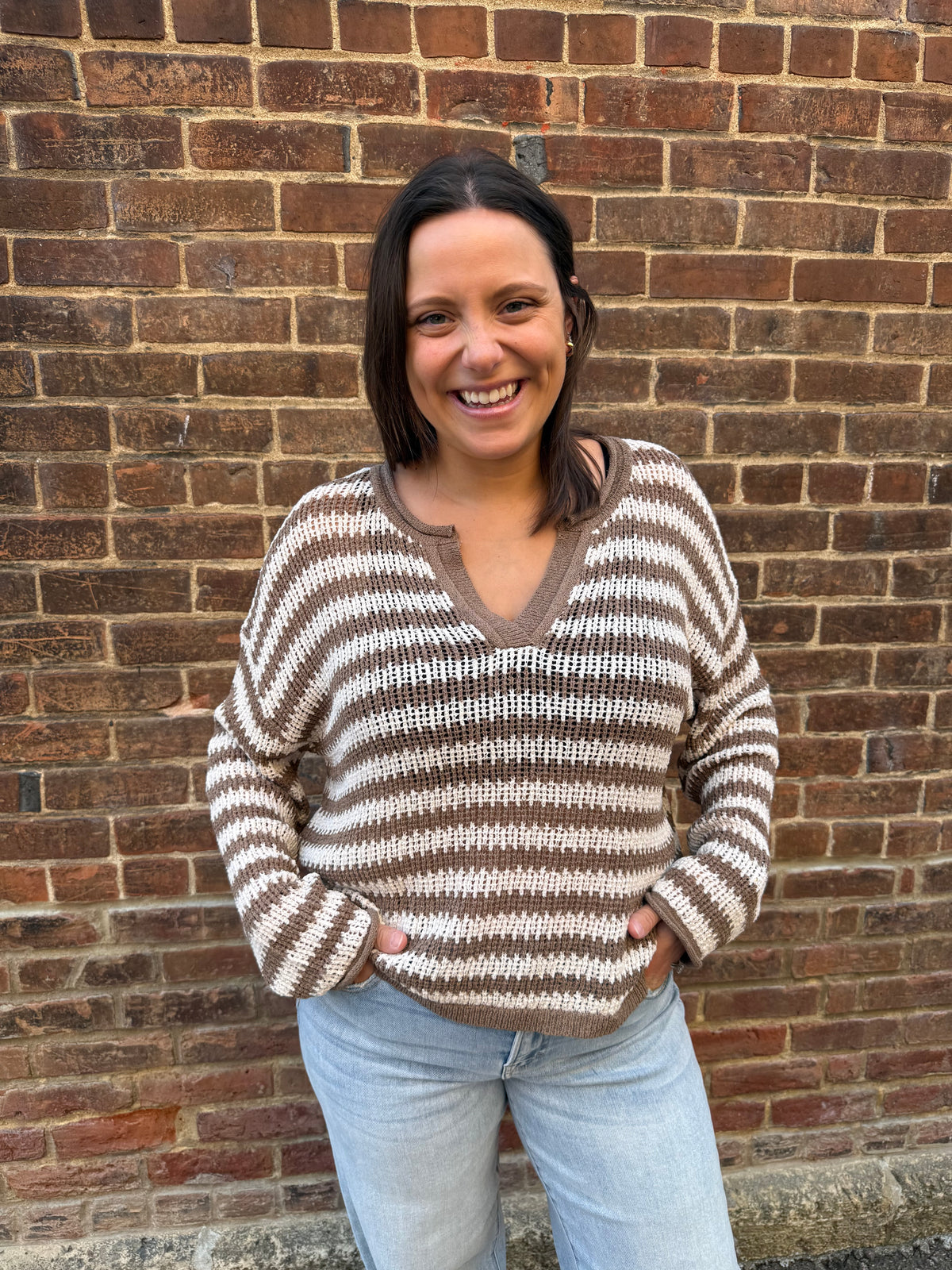 Tera Stripe Raw Edge Split Neck Sheer Knit Sweater