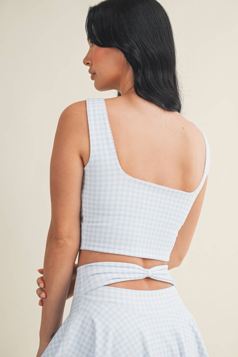 Blue Gingham Print Crop Tank with Lace Trim
