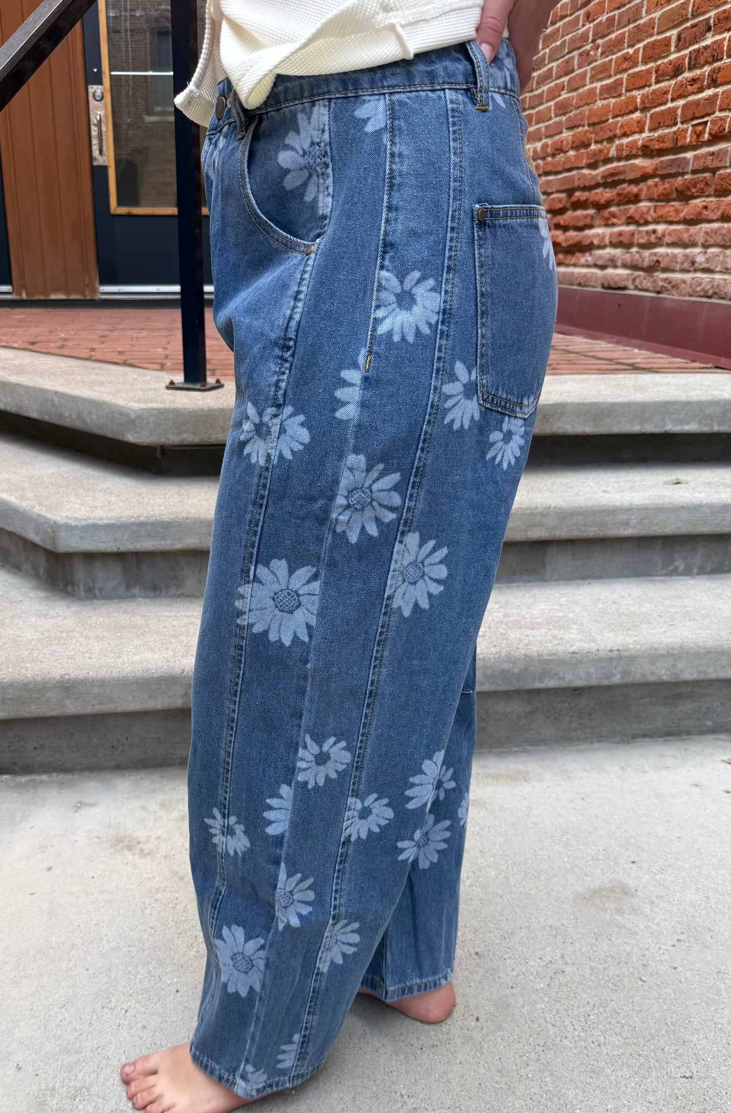 Korrine Printed Barrel Denim Jeans in Dark Denim