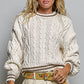 Brittany Cable Knit Crewneck Contrast Trim Sweater Top in Cream