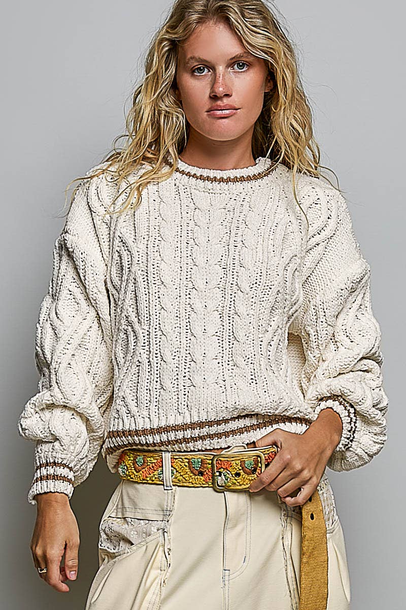 Brittany Cable Knit Crewneck Contrast Trim Sweater Top in Cream