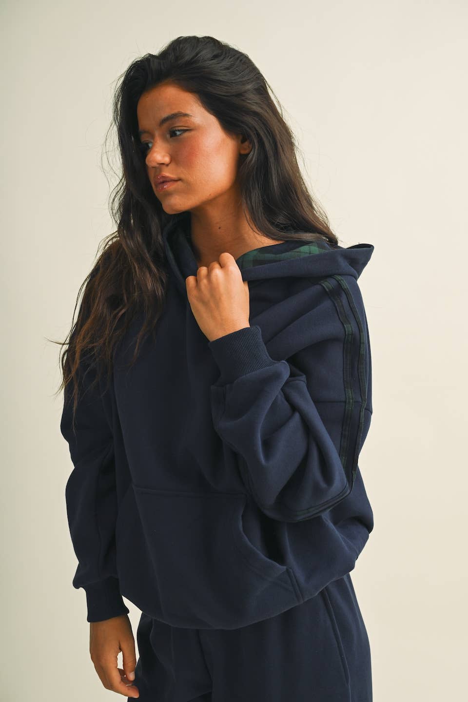 Jessica Plaid Side Stripe Oversized Pullover Hoodie in Navy