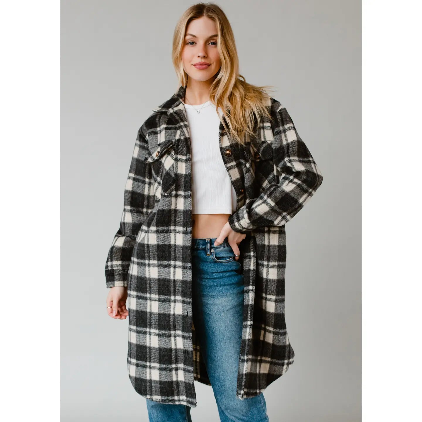 Rhiannon Black & Cream Plaid Long Flannel