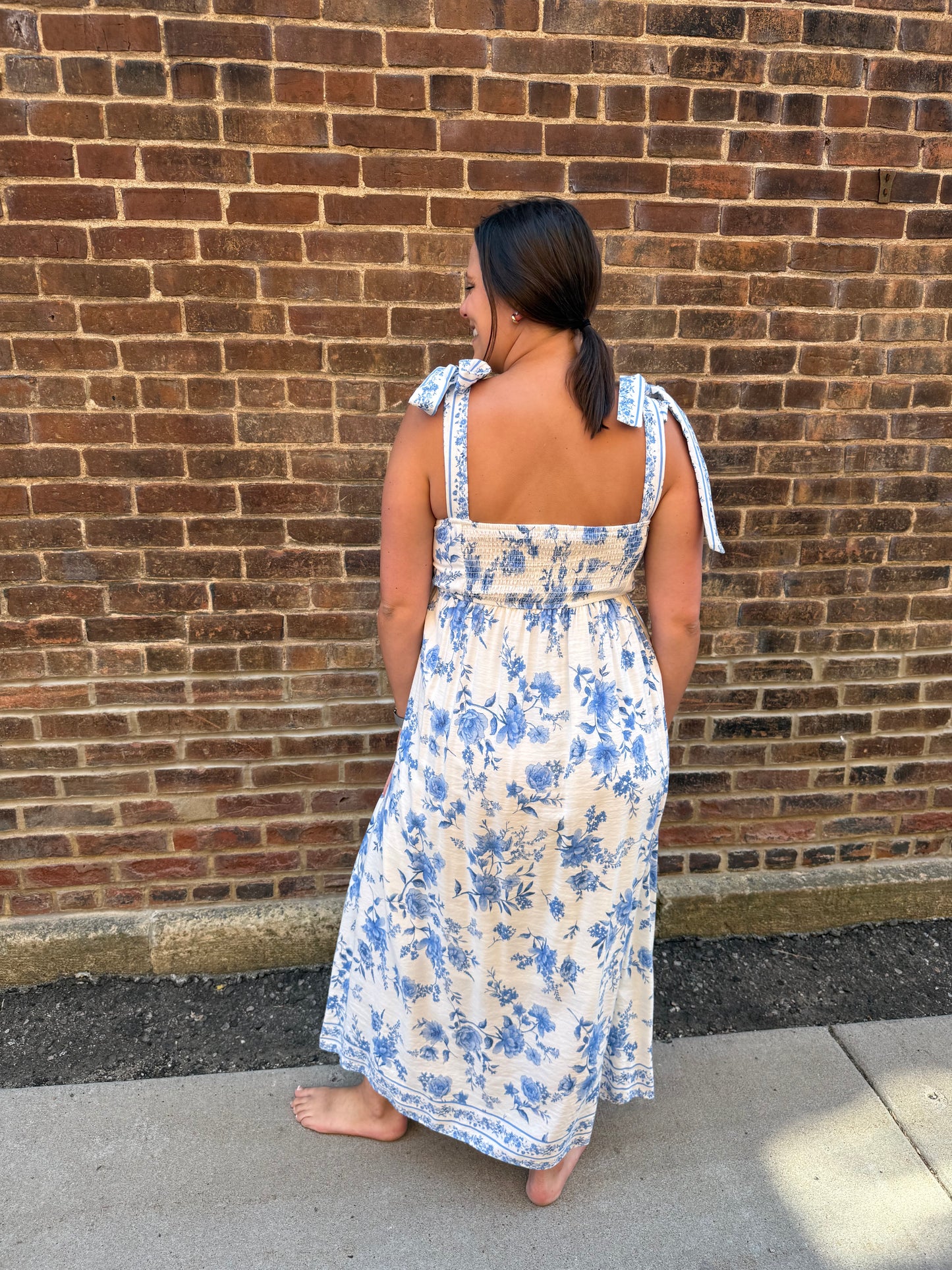 Kori Floral Border Empire Waist Tie Strap Midi Dress in Light Blue