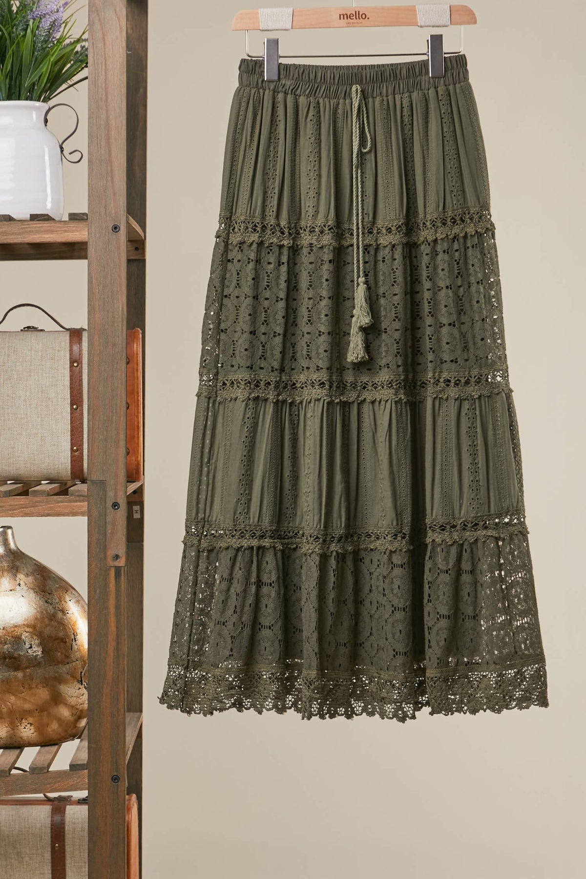 Afton Elastic Waist Maxi Skirt with Lace Trim in Olive