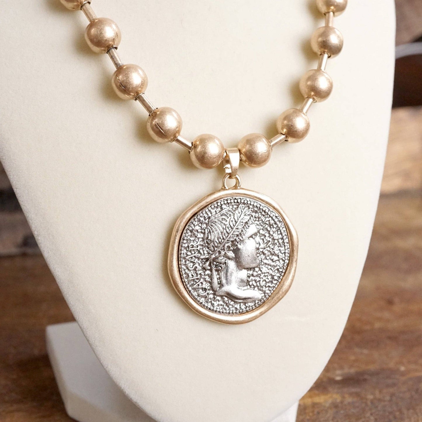 Coin Chunky Ball Chain Statement Necklace in Gold Tones