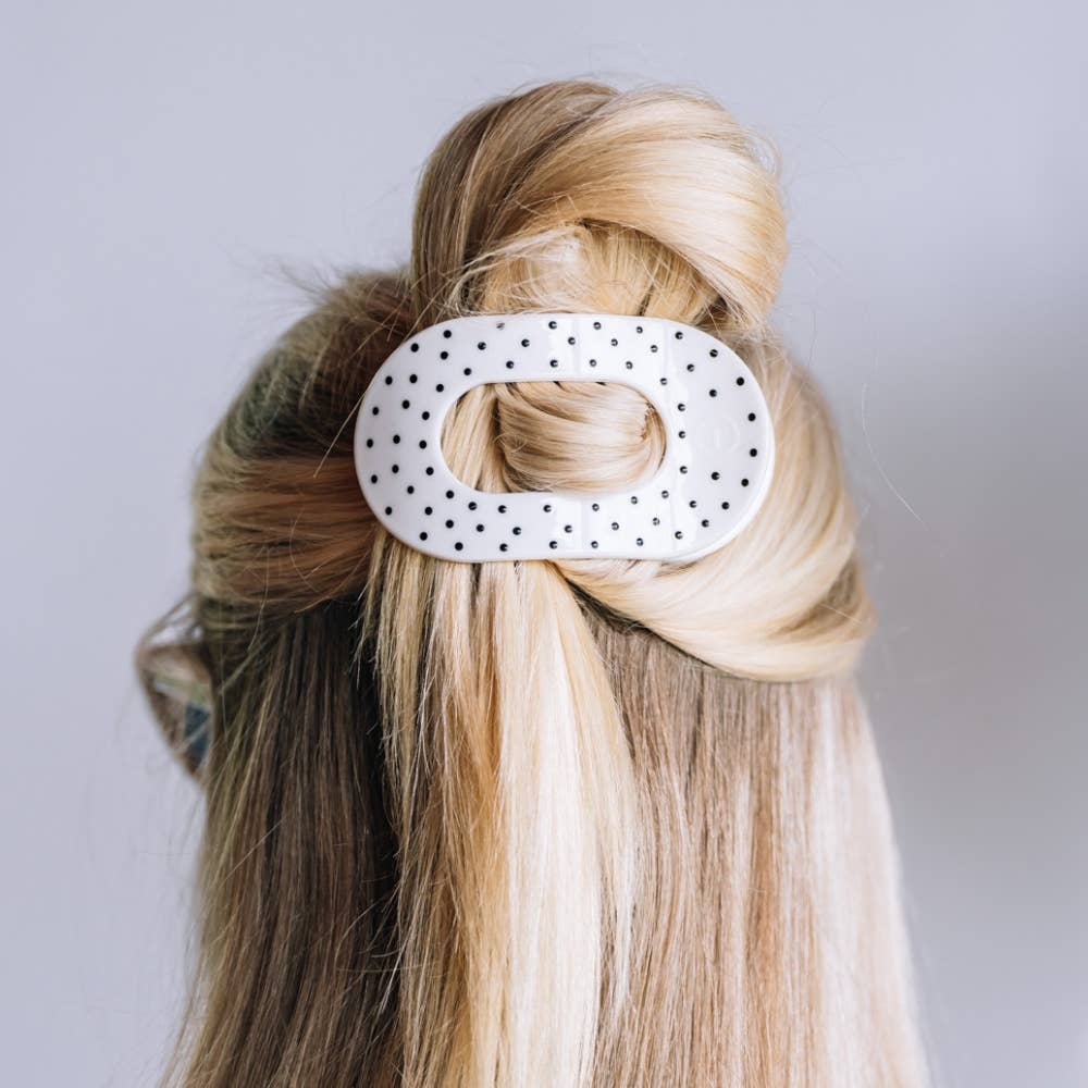 Medium Flat Round Hair Clip White Polka Dot