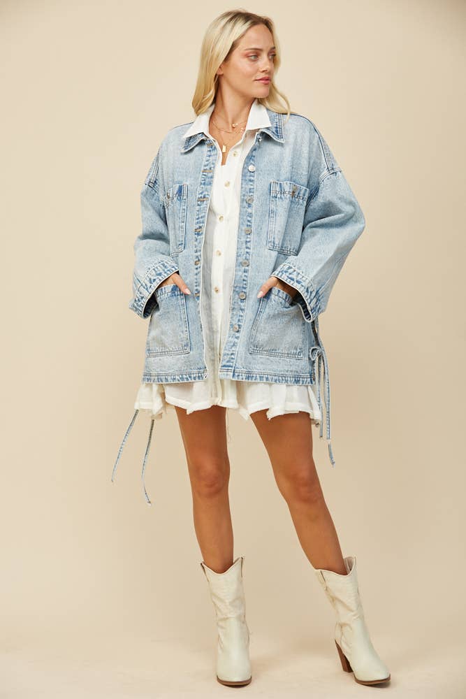 Adeline Boho Side Tie Oversized Denim Jacket