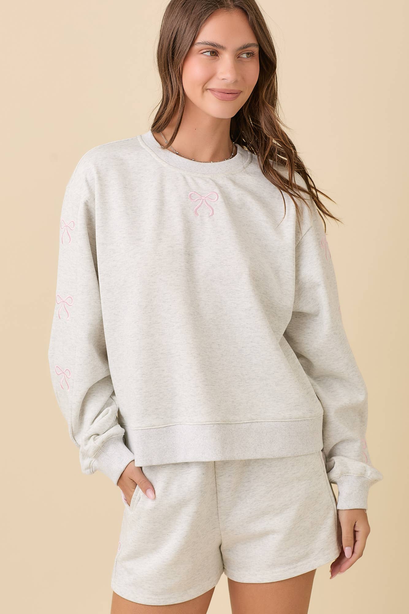 Julia Grey Ribbon Embroidered Bow Shorts