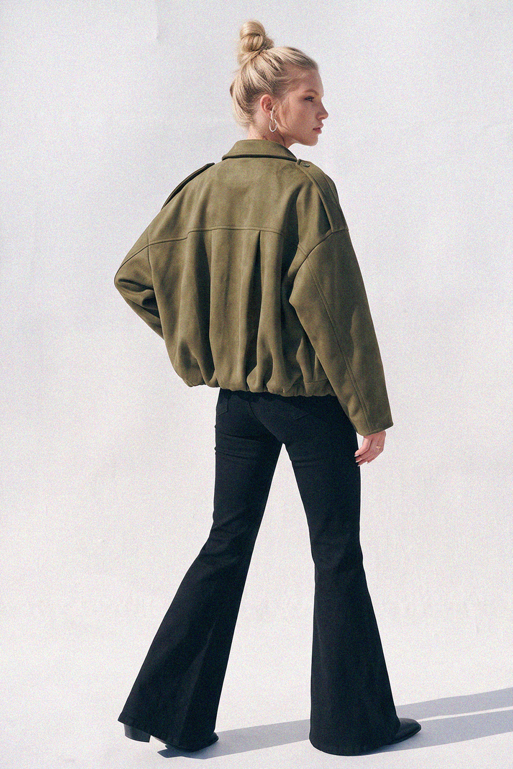 Willow Micro Faux Suede Bomber Jacket in Olive