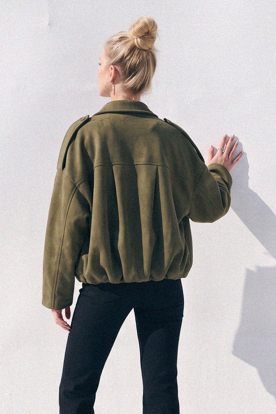 Willow Micro Faux Suede Bomber Jacket in Olive