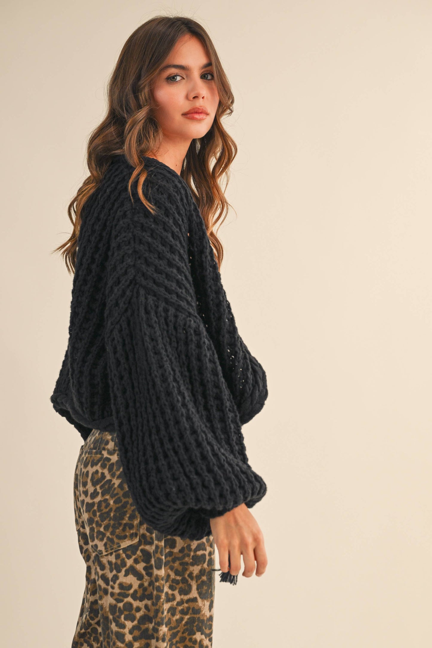 Christina Balloon Sleeve Cardigan in Black