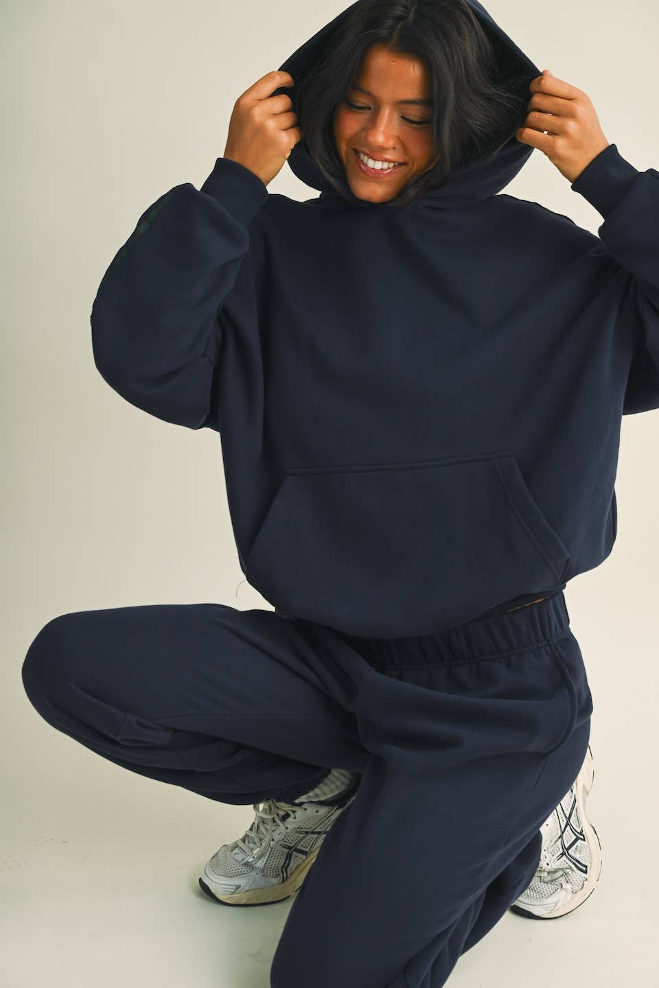 Jessica Plaid Side Stripe Oversized Pullover Hoodie in Navy