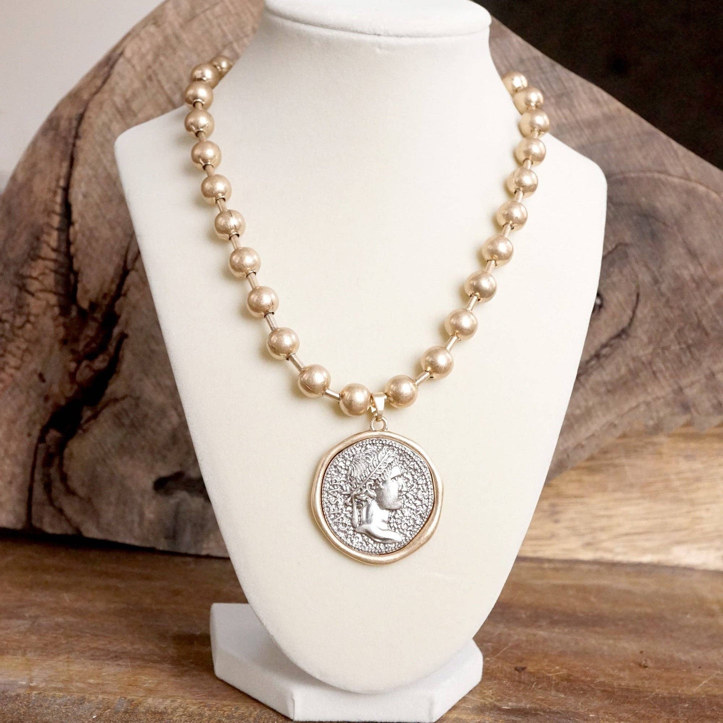 Coin Chunky Ball Chain Statement Necklace in Gold Tones