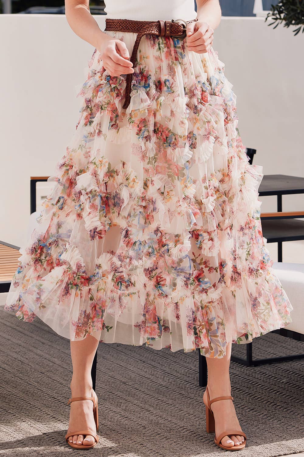 Joni Floral Ruffled Mesh Skirt in Ecru