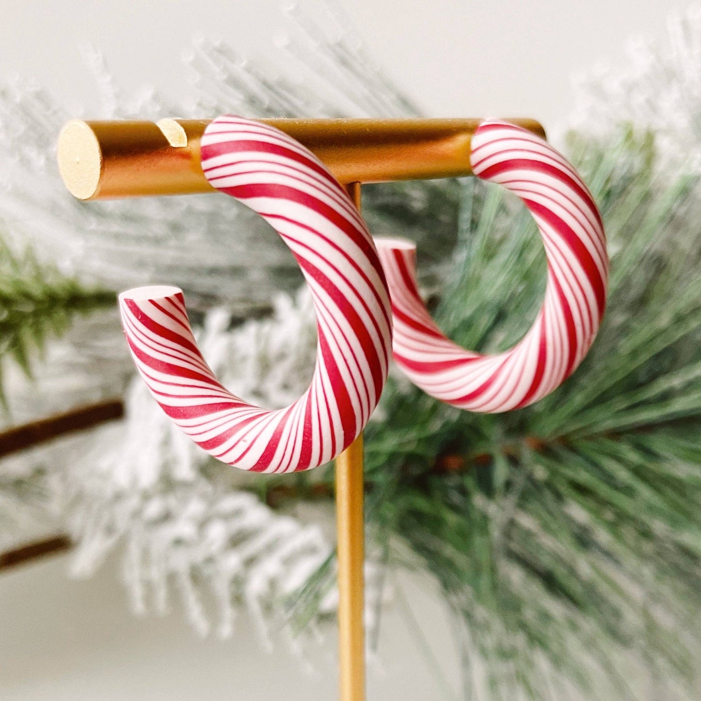 Candy Cane Hoops - Red | Polymer Clay Christmas Earrings